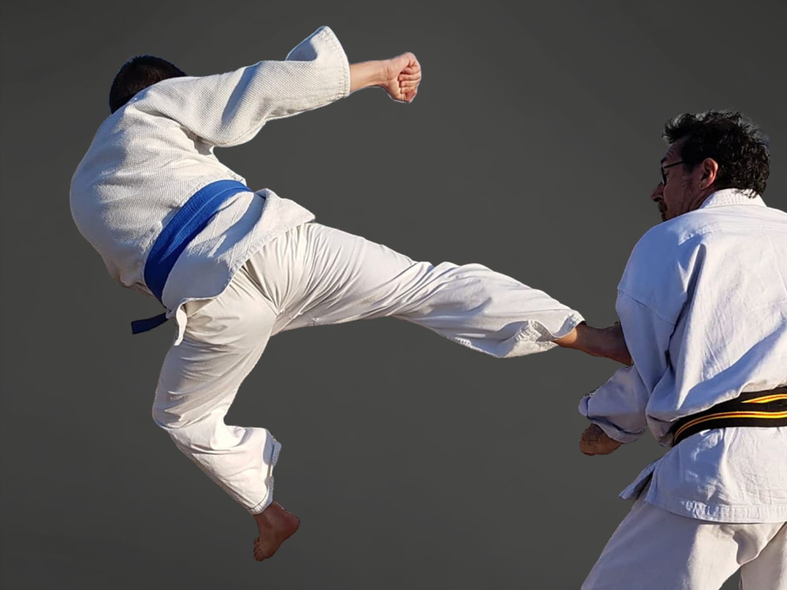 Coup de pied sauté bloqué par le partenaire lors d’une démonstration de Nihon Taï-jitsu au Kobukaï, à Séné